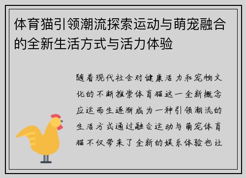 体育猫引领潮流探索运动与萌宠融合的全新生活方式与活力体验